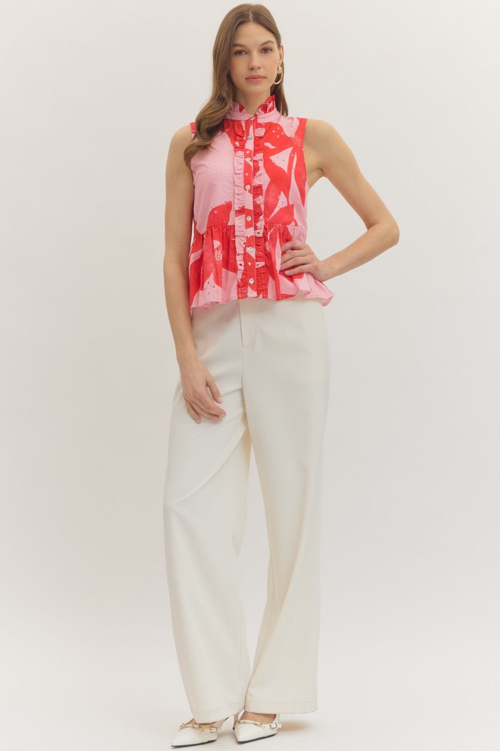 T30890 Botanical Print Sleeveless Peplum Top