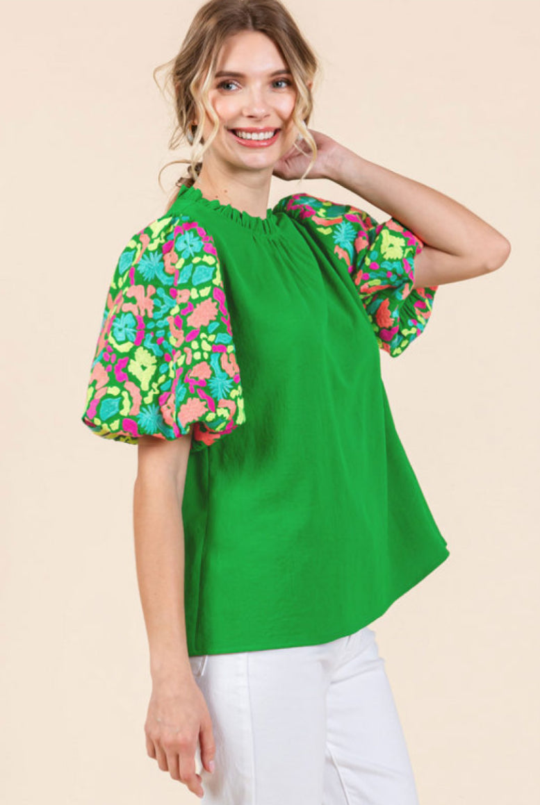 H11306 Embroidered Puff Sleeve Top