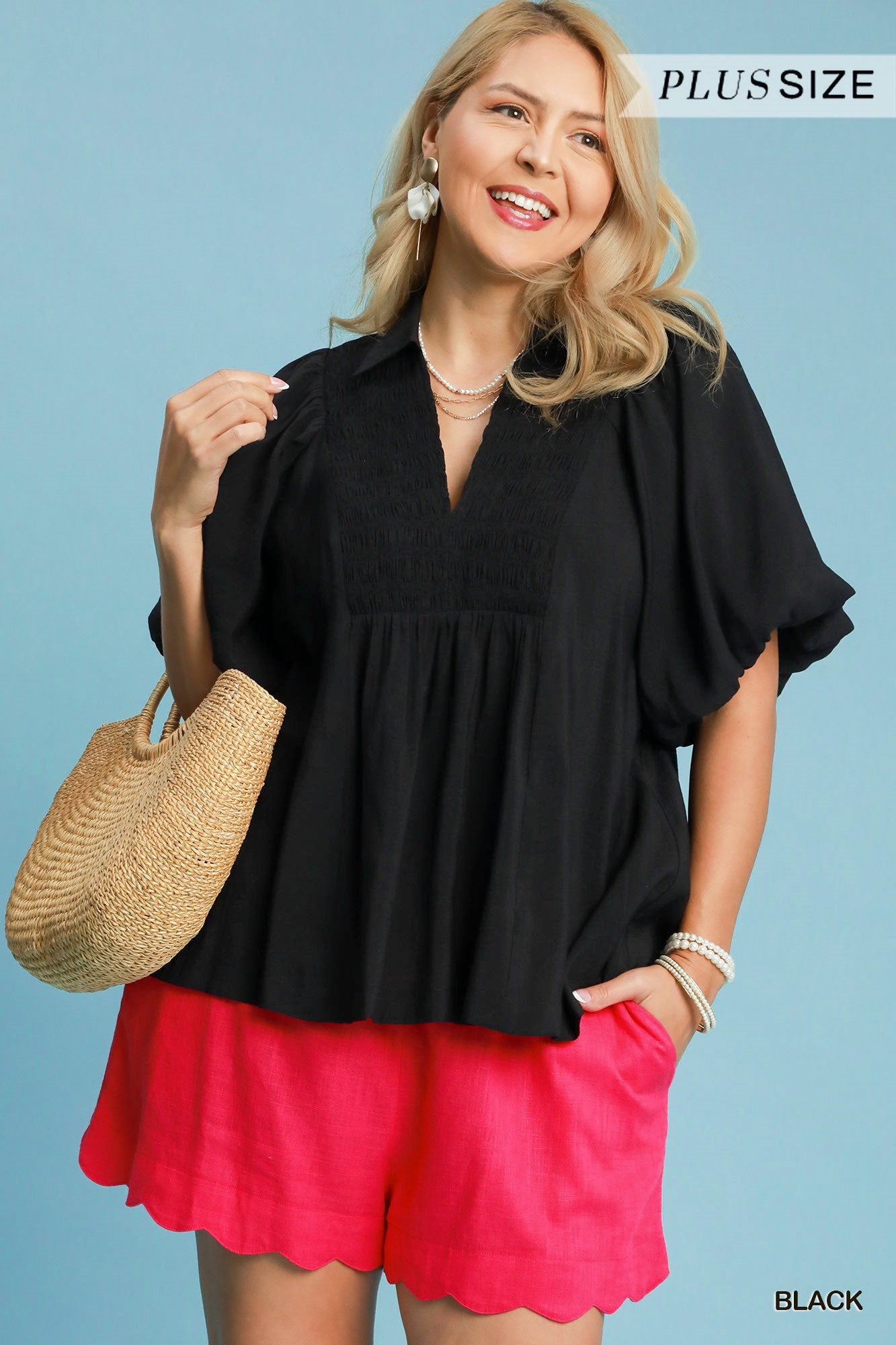 WK9499 Curvy Solid Bubble Sleeve Top