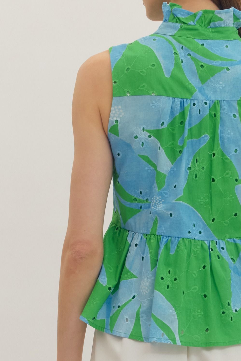 T30890 Botanical Print Sleeveless Peplum Top