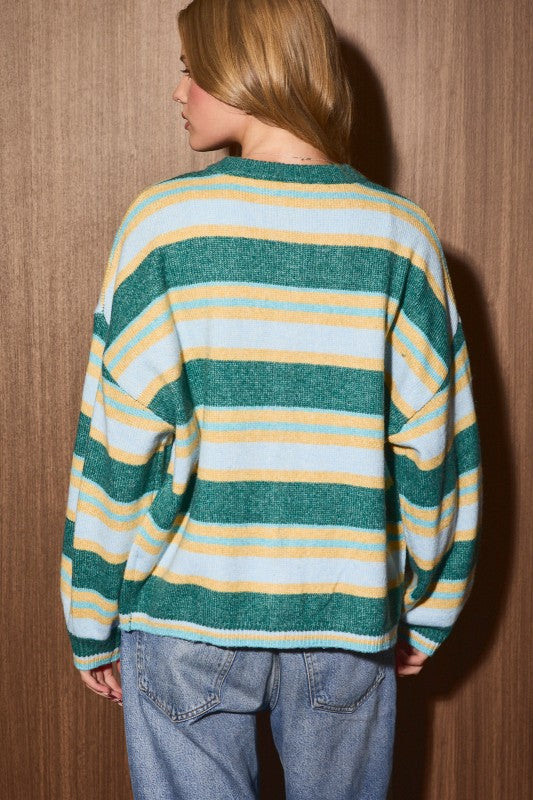 IWJ6899 Striped Button Front Sweater Cardigan