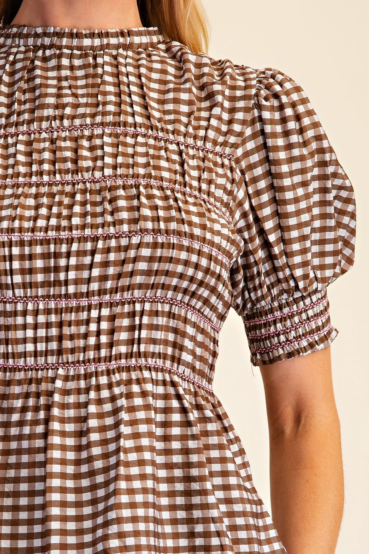 T9306 Plaid Smocked Puff Sleeve Top
