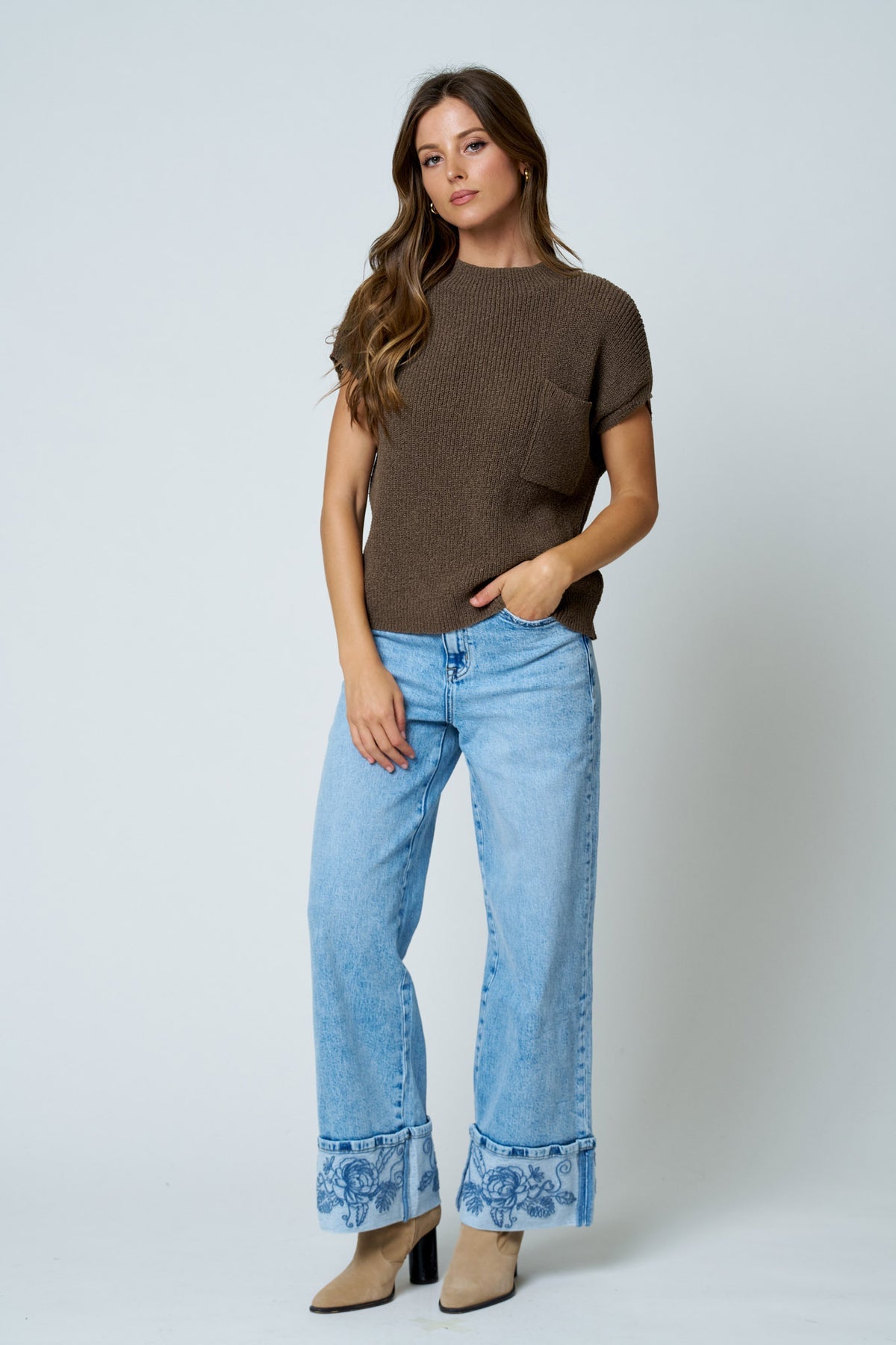 B6FT1035 Pocket Detail Short Sleeve Sweater