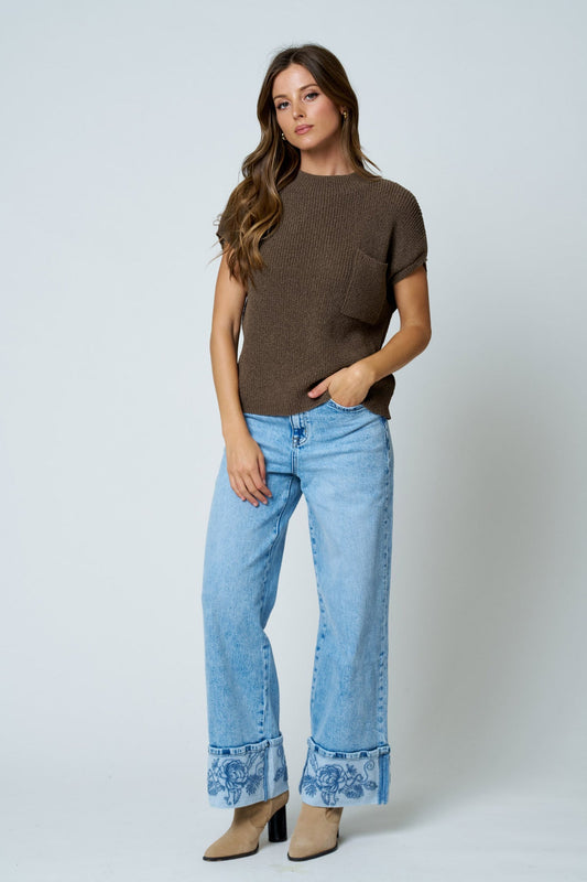B6FT1035 Pocket Detail Short Sleeve Sweater