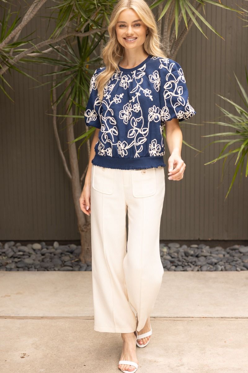 35867 Floral Embroidered Short Bubble Sleeve Top
