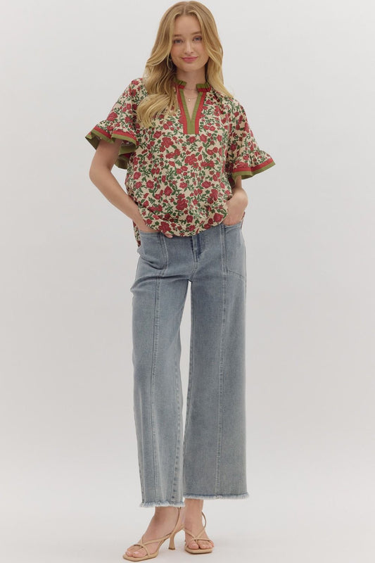 T28016 Floral Print Short Ruffle Sleeve Top