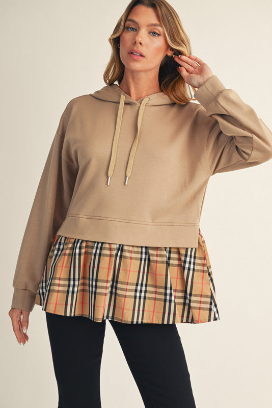 G12418-2 Plaid Accent Hooded Top