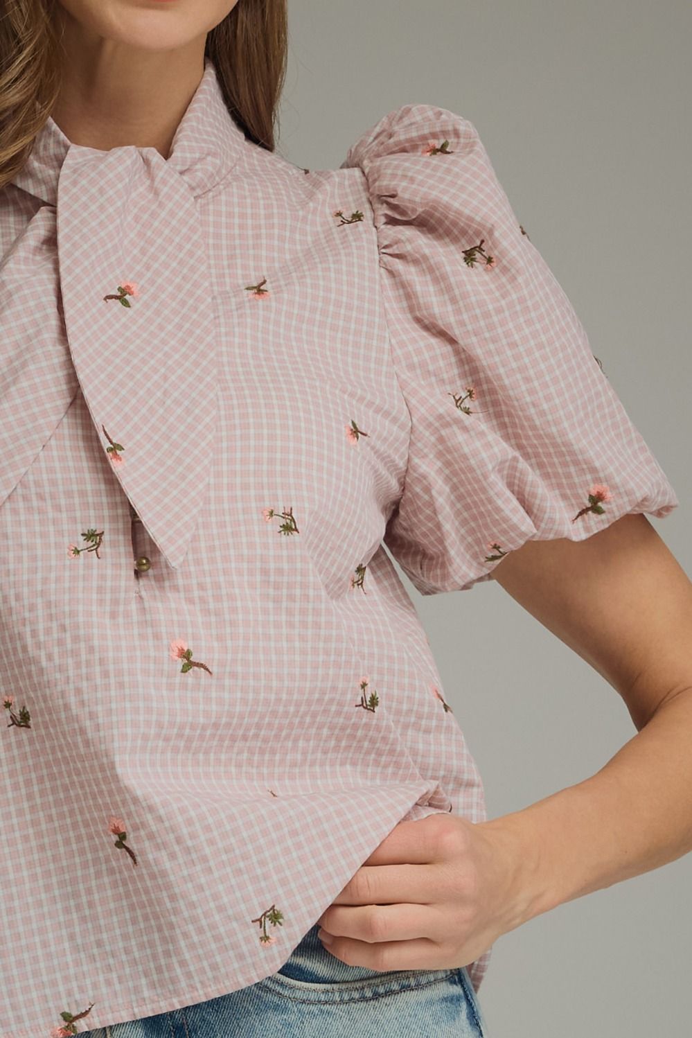 T32554 Checkered Floral Embroidered Top