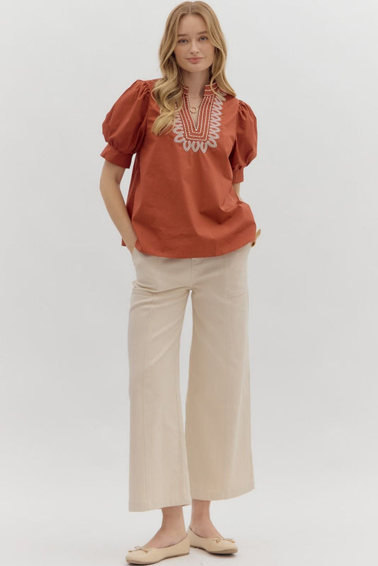 T27464 Solid Puff Sleeve Top