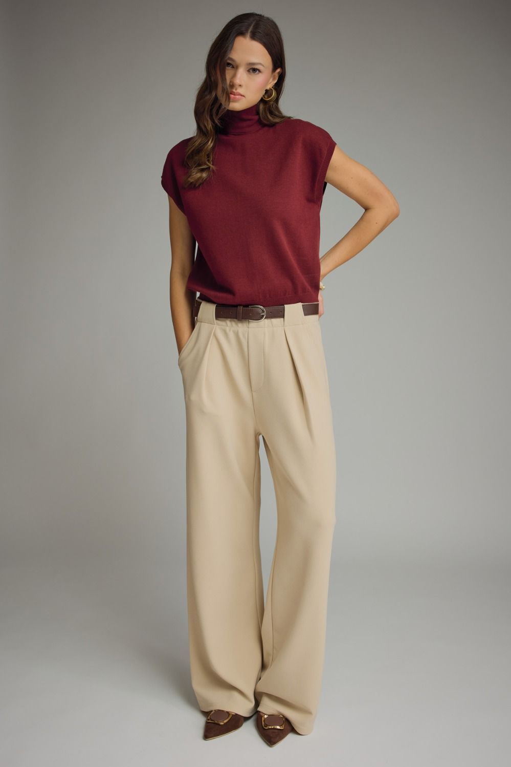 T32324 Scarf Tie Detail Mock Neck Top