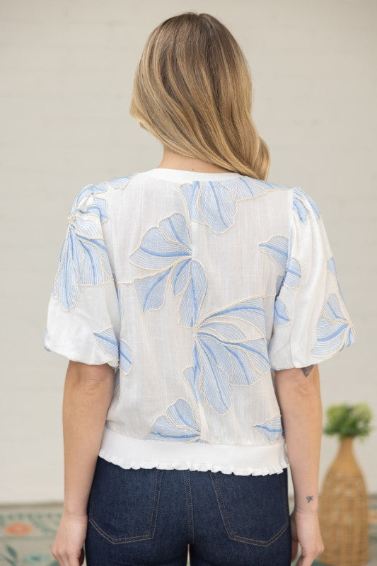 36711 Contrast Band Detailed Floral Embroidery Top