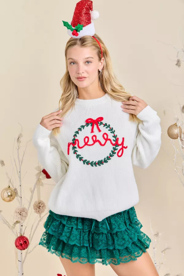 CL21050 Merry Embroidered Wreath Sweater