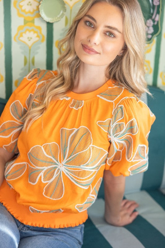 36711 Contrast Band Detailed Floral Embroidery Top