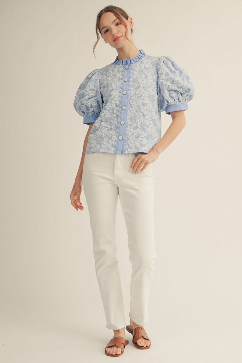 B14031 Button Down Floral Jacquard Top