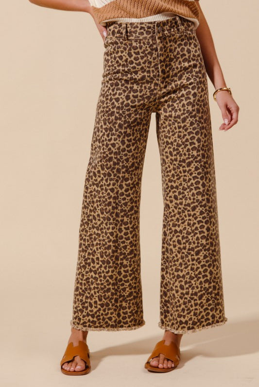JB1042-04 Leopard Frayed Hem Wide Leg Jeans