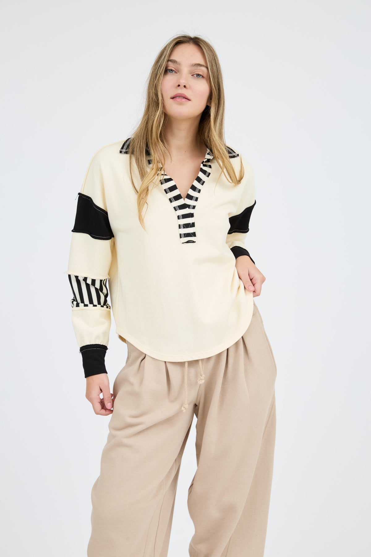 B5ST1032 Patchwork Stripe Collared Top