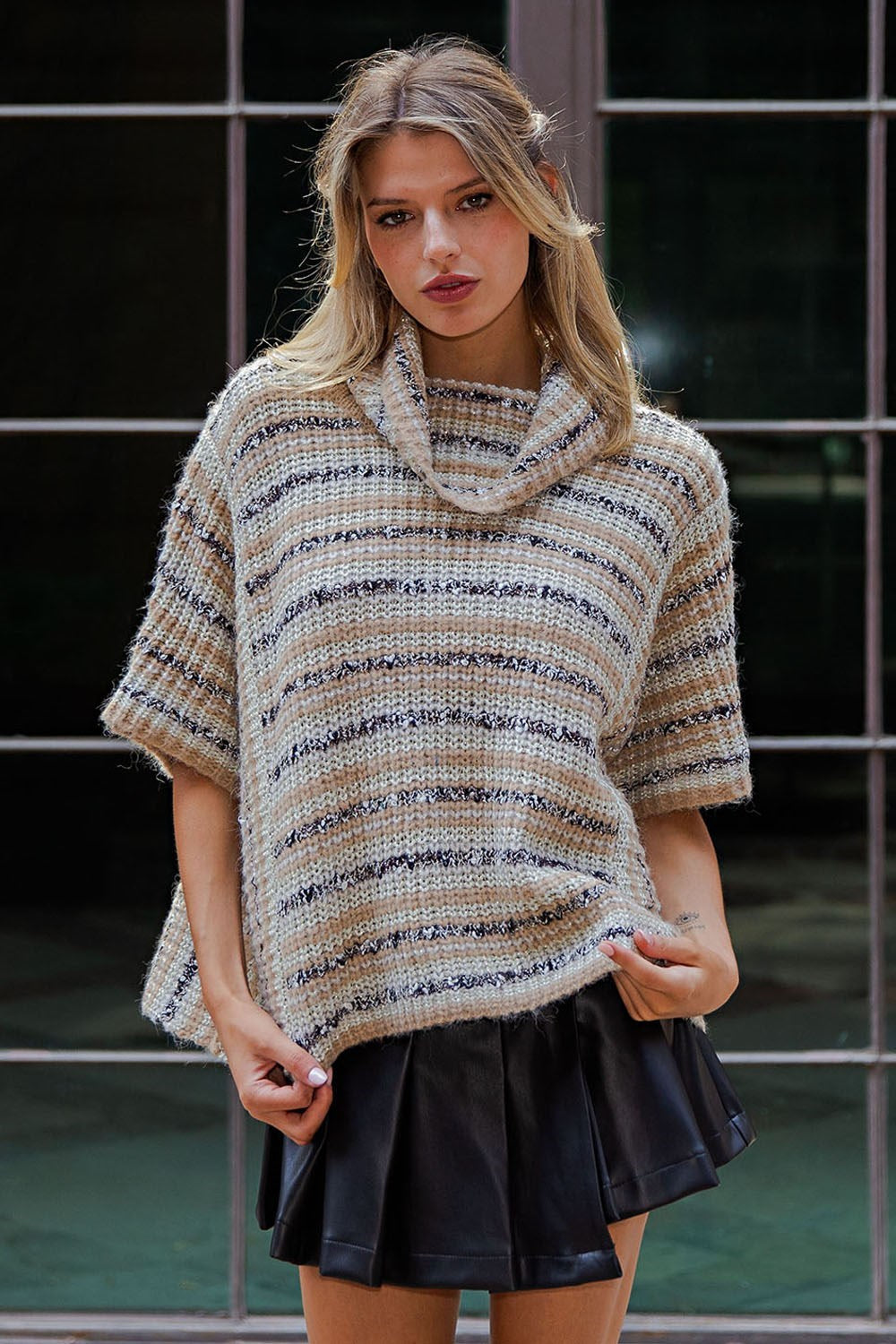 SH12980 Striped Boucle Turtleneck Sweater