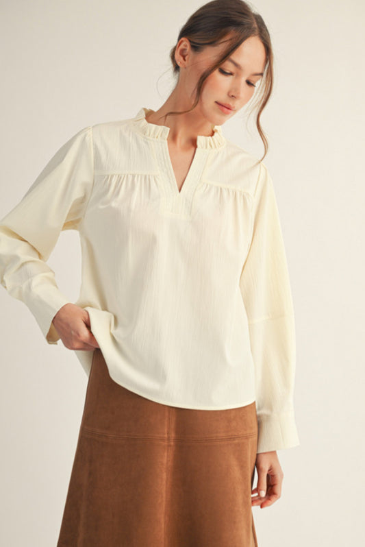 G14973-1 Solid Crinkled Long Sleeve Top