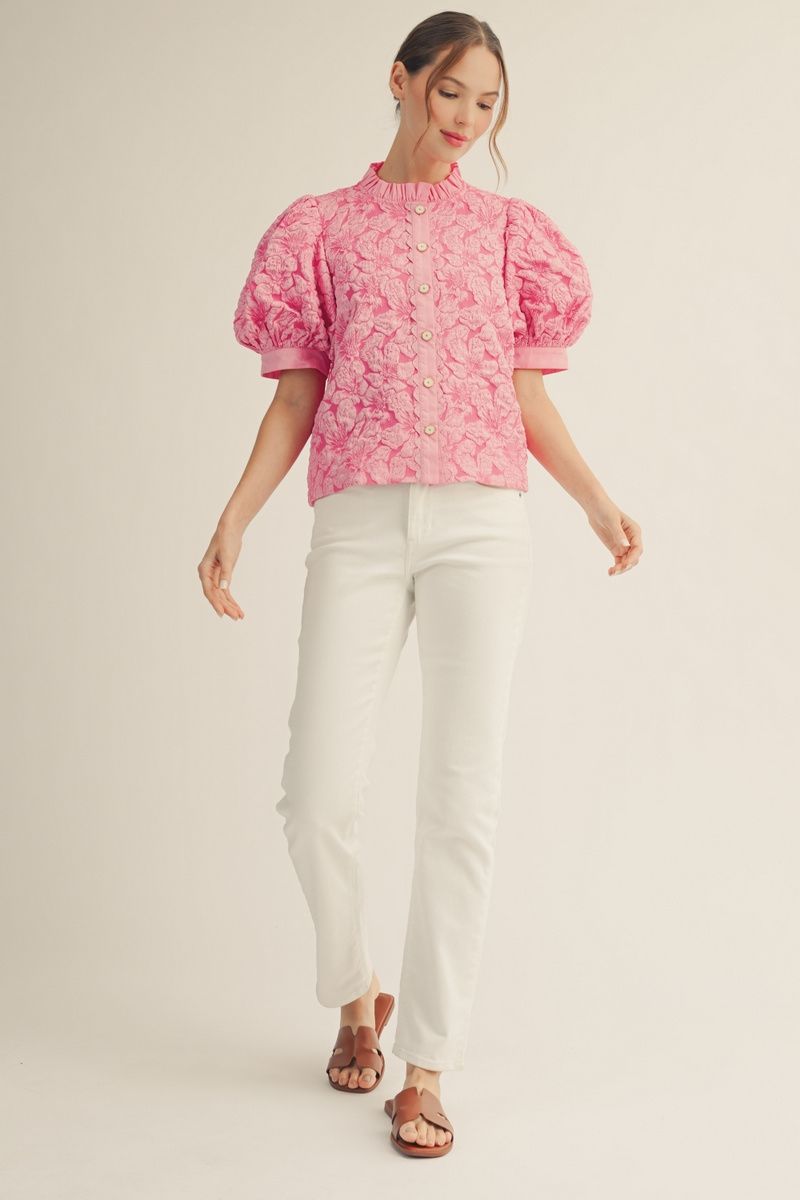 B14031 Button Down Floral Jacquard Top