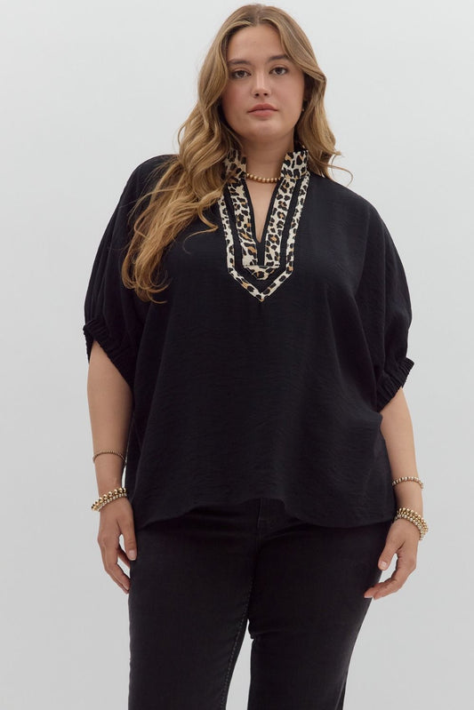 T27371P Curvy Solid Leopard Accented Top
