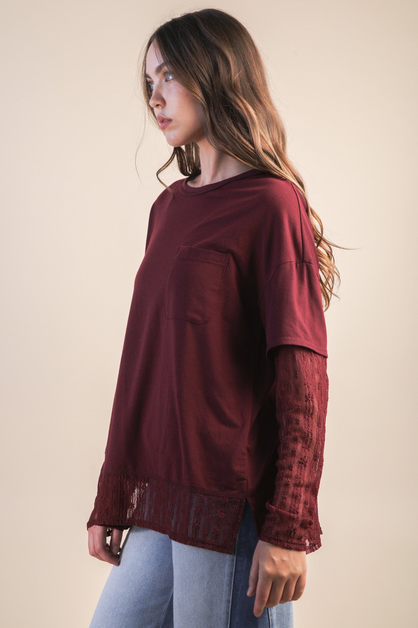 NT12351 Oversized Knit Top with Lace