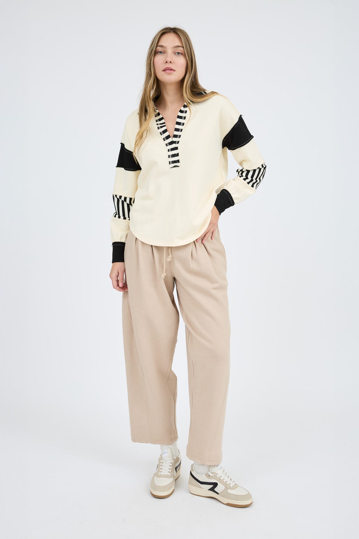 B5ST1032 Patchwork Stripe Collared Top