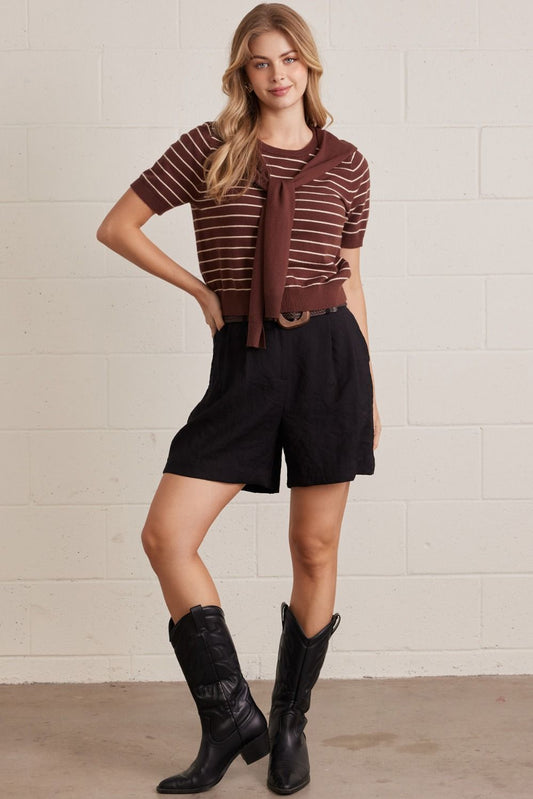 T31923 Scarf Detail Striped Short Sleeve Top