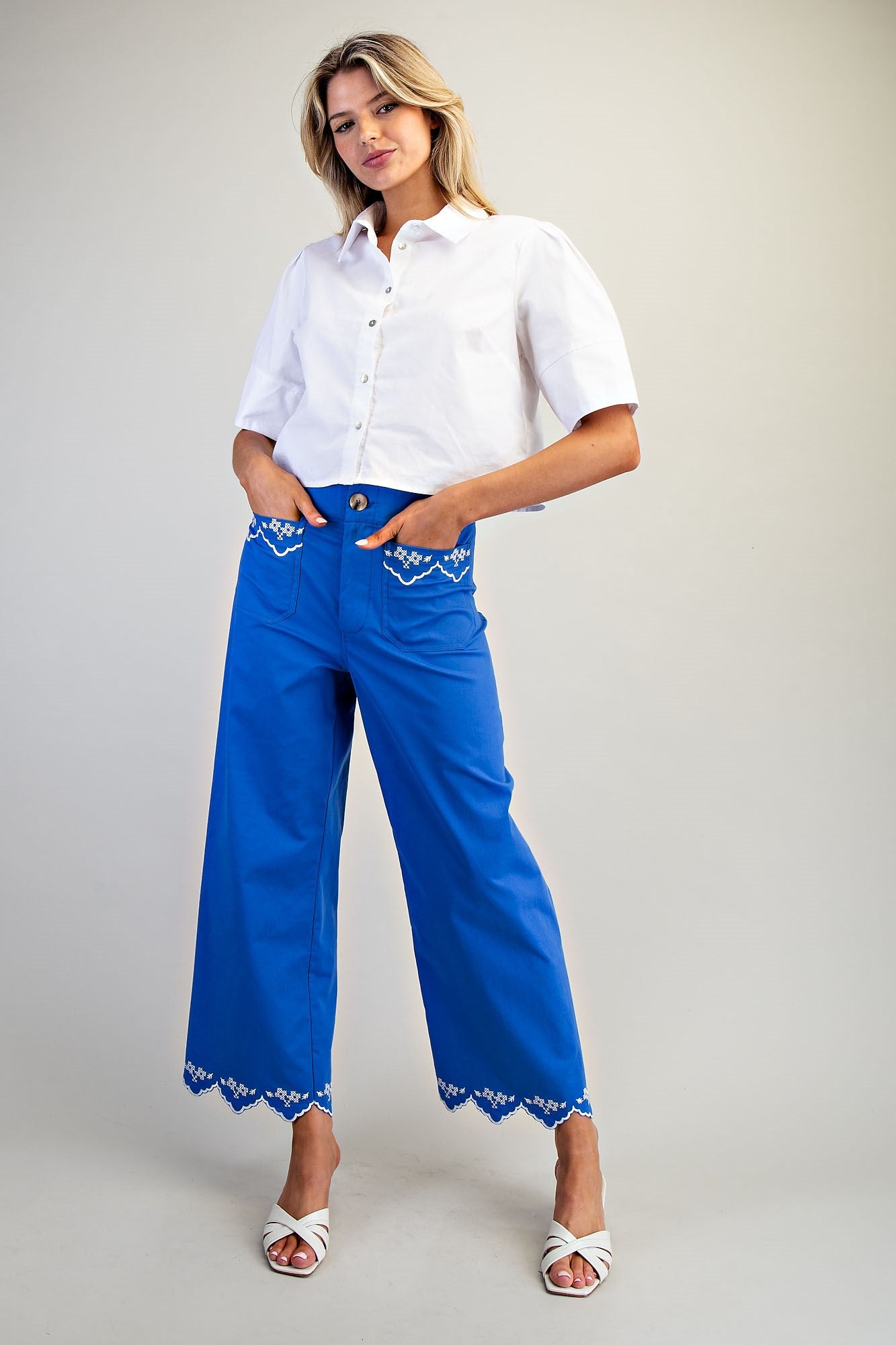 PH15529 Scallop Embroidered Trimmed Pants
