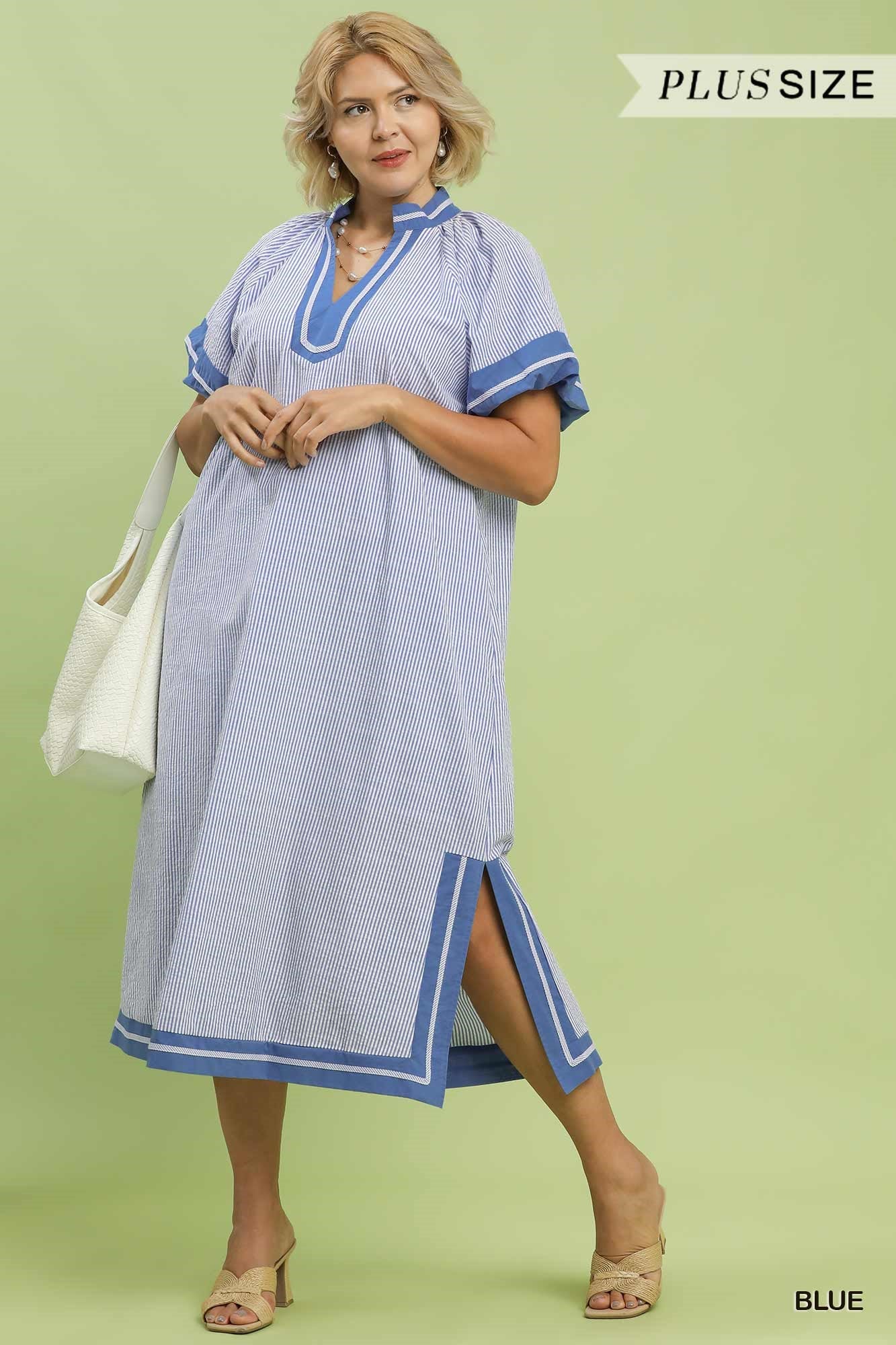 WK2097 Curvy Pinstripe Contrast Trim Midi Dress