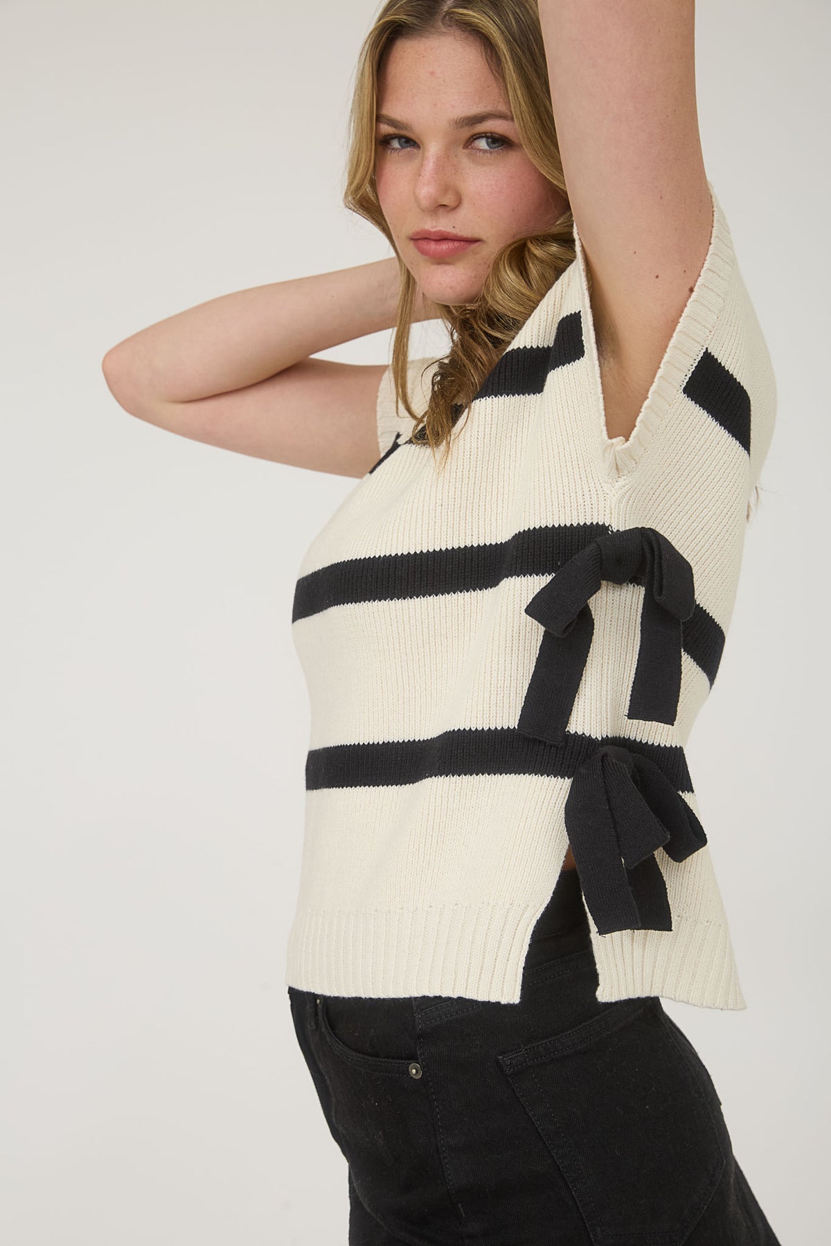 CR2704 Stripe Side Tie Short Sleeve Sweater