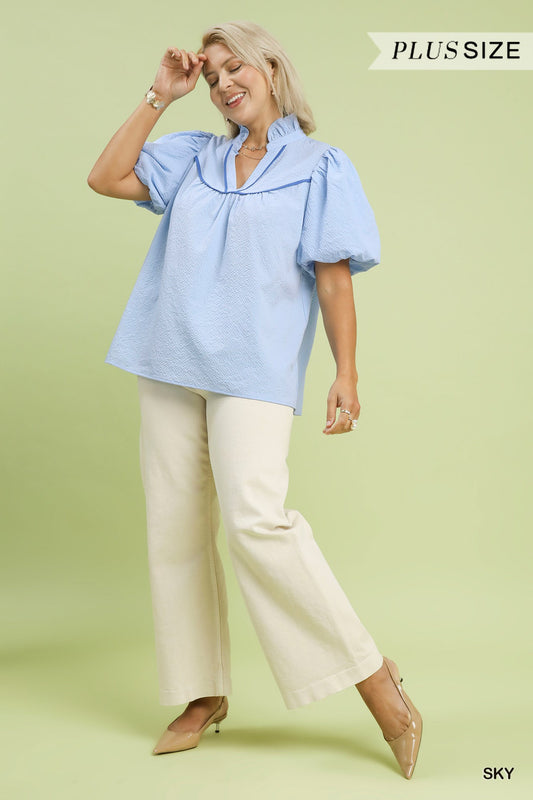 WC5907 Curvy Textured Puff Sleeve Top