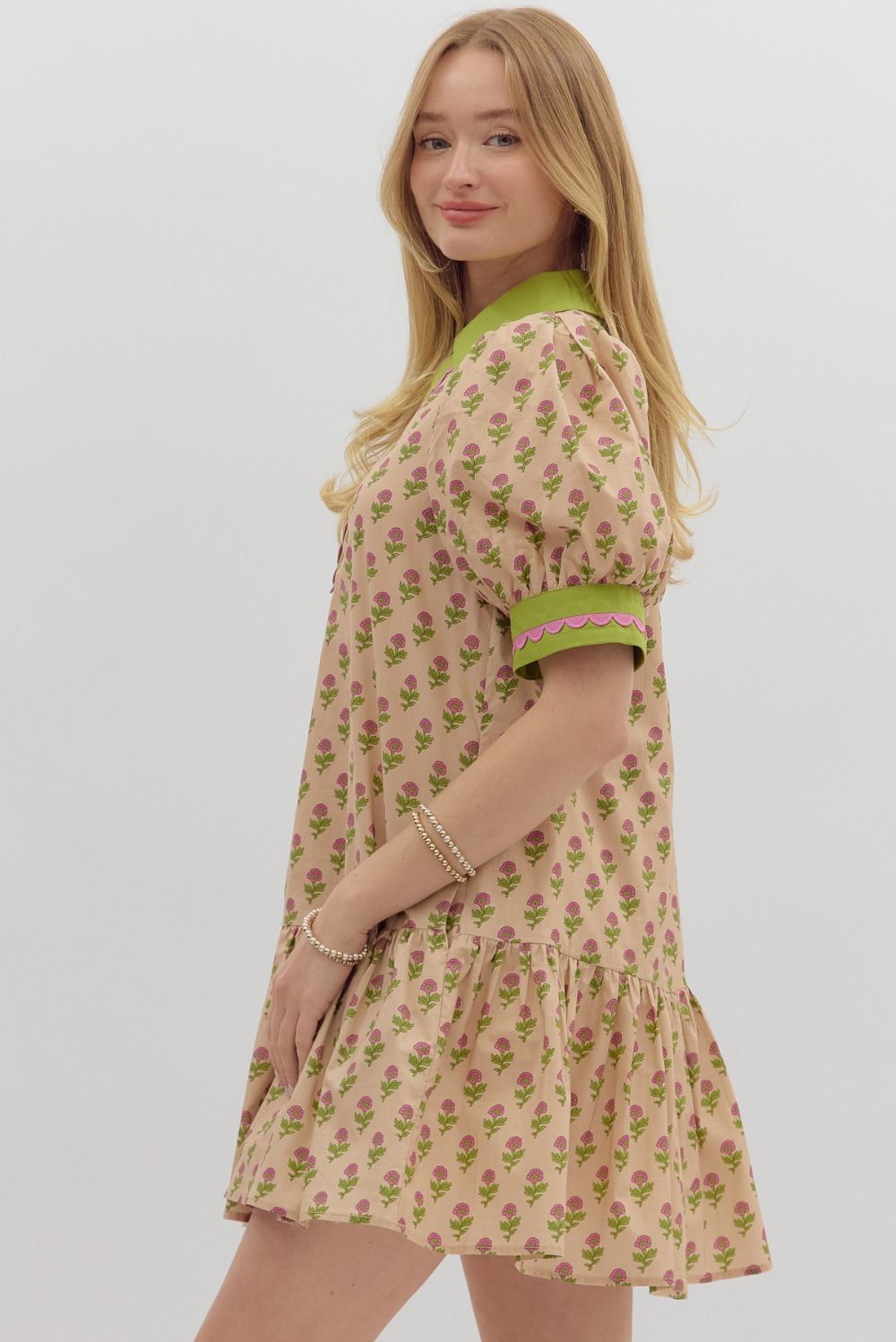D27511 Floral Print Bubble Sleeve Dress