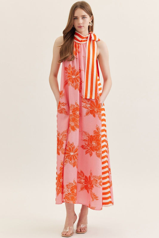 D30830 Botanical Print Striped Tie Neck Midi Dress