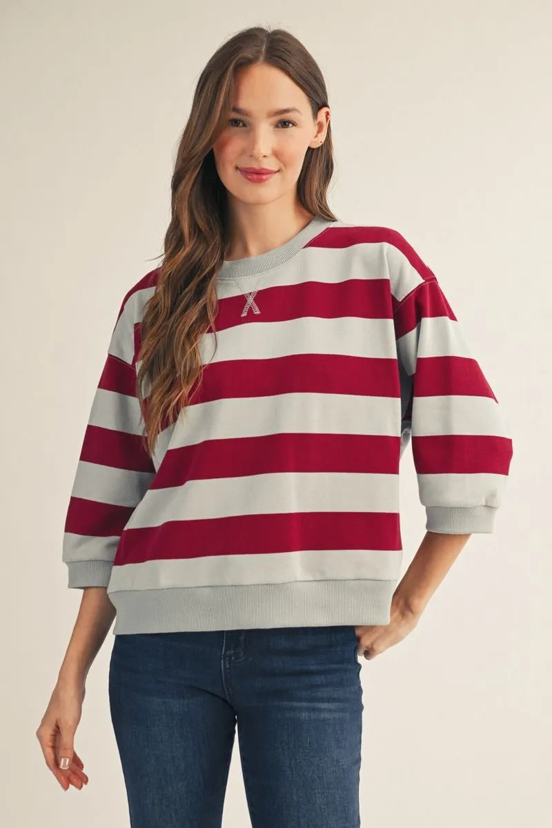 B13511 3/4 Sleeve Bold Stripe Top