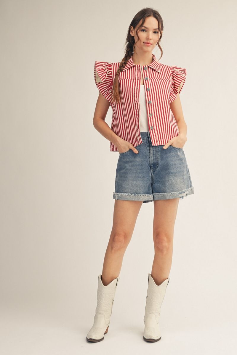 R7177 Ruffled Sleeve Stripe Vest