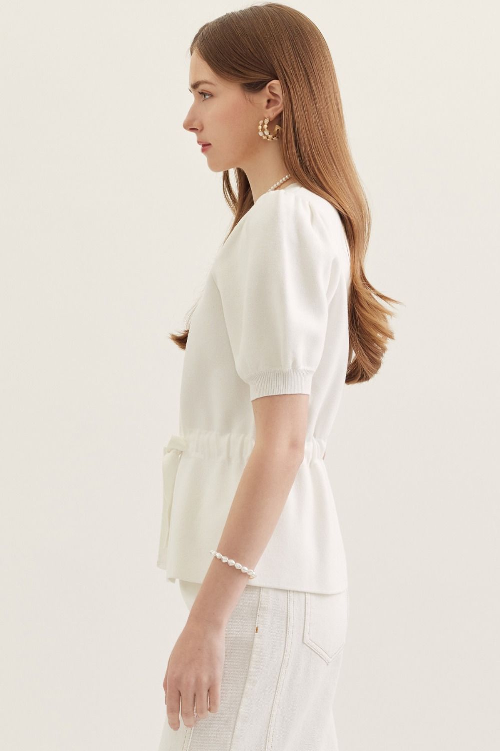 T30303 Solid Self Tie Waist Detail Top