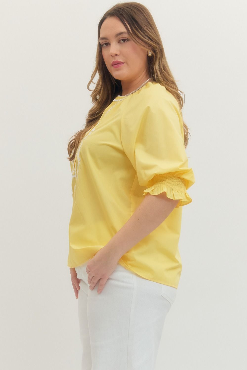 T30286P Curvy Solid Embroidered Top