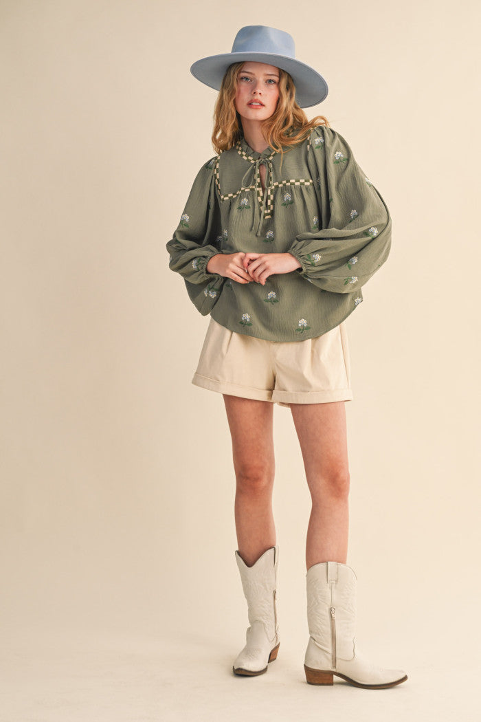 MTP4165 Floral Embroidered Babydoll Top