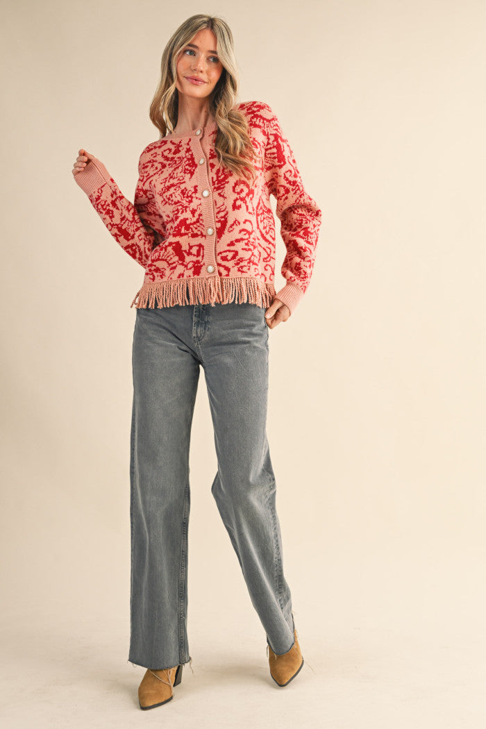 MSW11143 Floral Fringed Sweater Cardigan