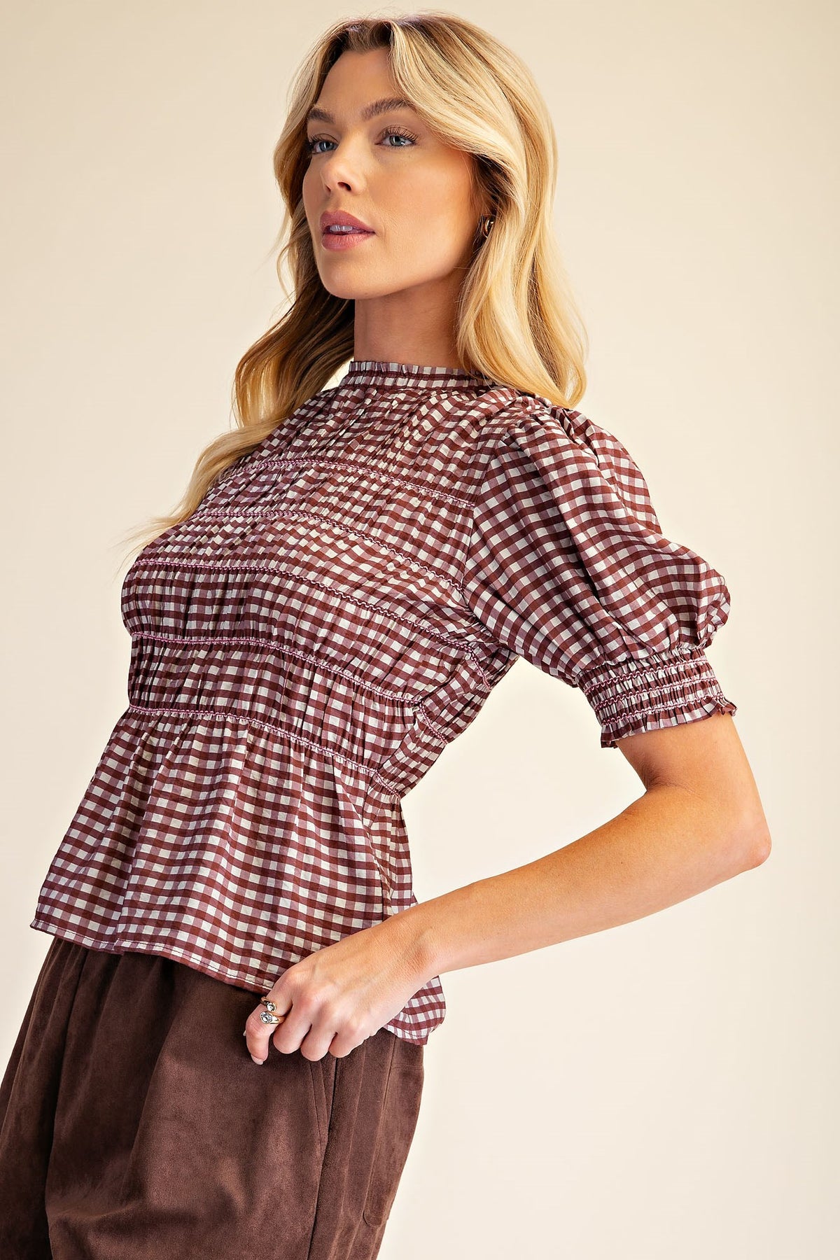 T9306 Plaid Smocked Puff Sleeve Top