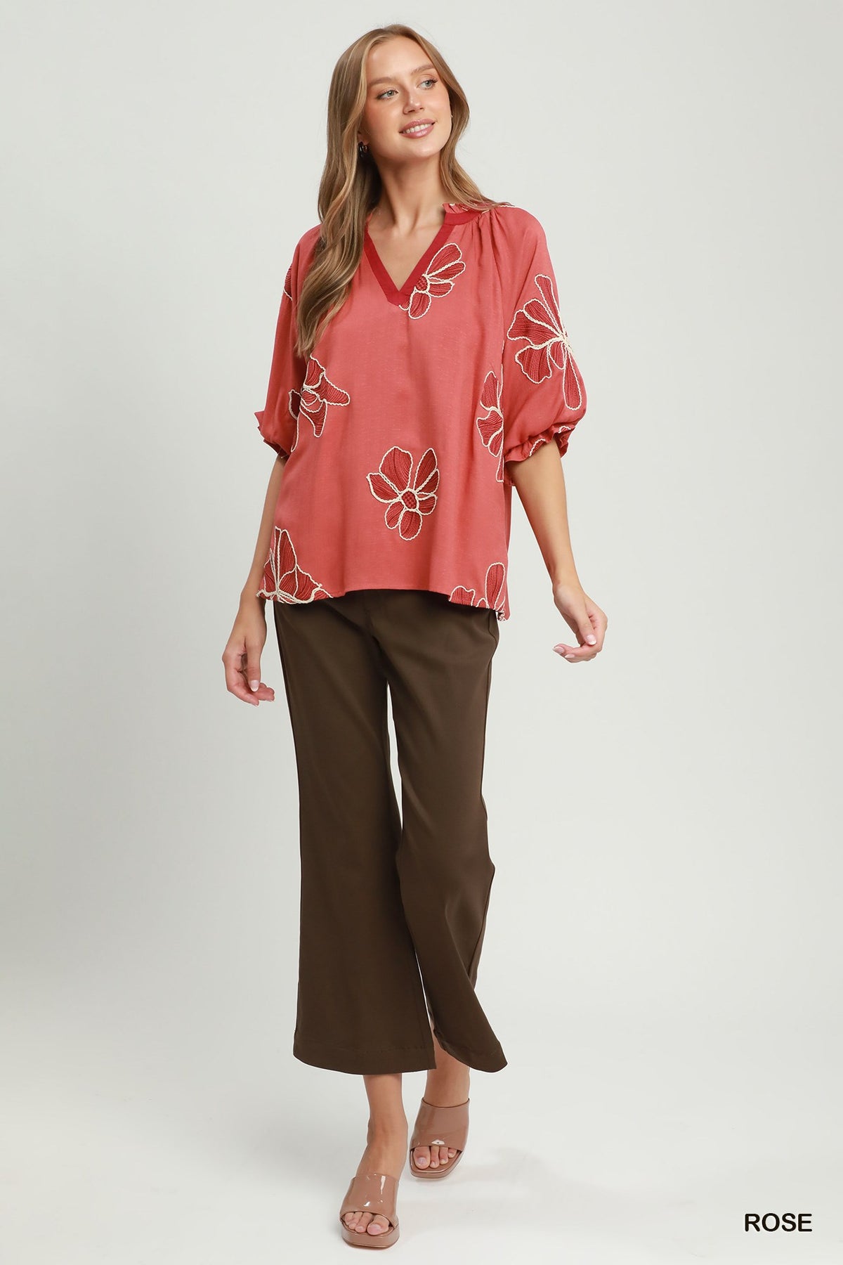 D1147 Floral Embroidered V-Neck Top