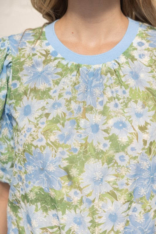 36737 Floral Print Embroidered Top