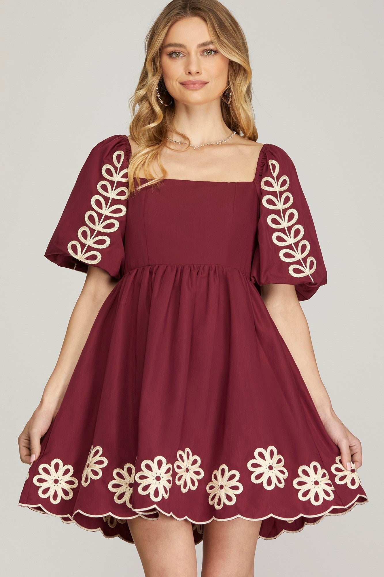 SY7250 Puff Sleeve Embroidered Dress