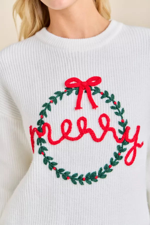 CL21050 Merry Embroidered Wreath Sweater