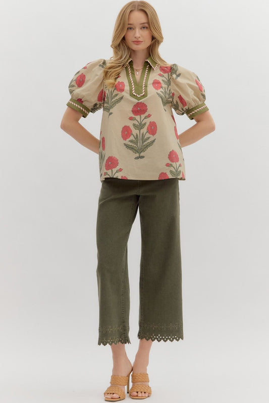 T27875 Floral Bubble Sleeve Top