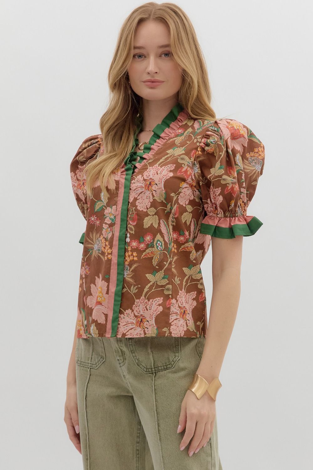 T27949 Floral Print Puff Sleeve Top