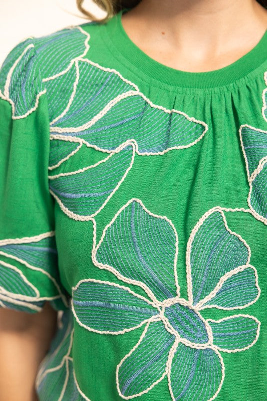 36711 Contrast Band Detailed Floral Embroidery Top