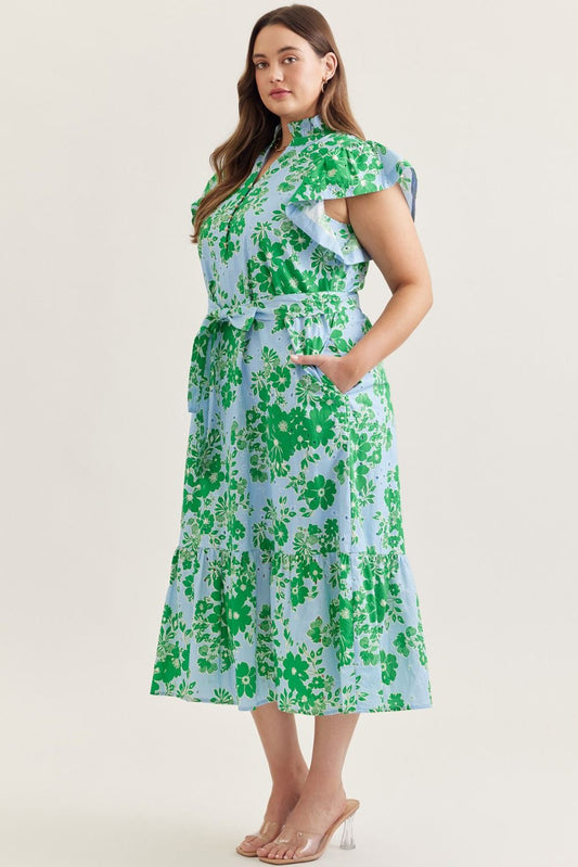 D30717P Curvy V-Neck Floral Midi Dress