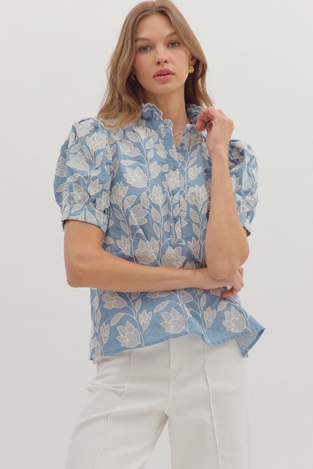 T28158 Botanical Embroidery Puff Sleeve Top