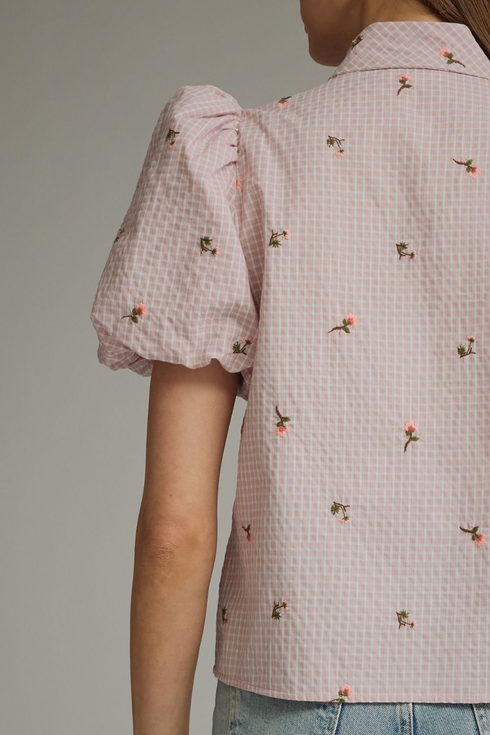 T32554 Checkered Floral Embroidered Top